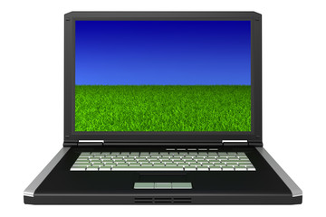 black laptop with grass and sky on screen isolated on white