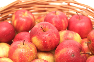 Many red apples lay in a basket on a white background