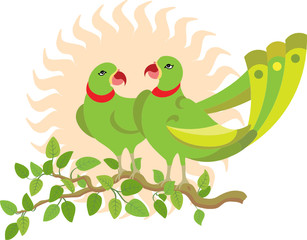 Parrot Couple on tree branch communicating with each other