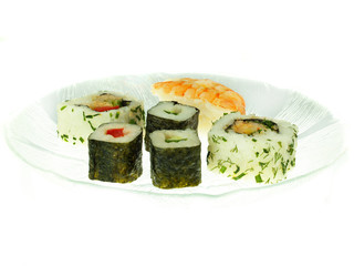 Mixed sushi on a glass plate