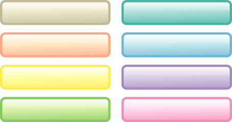 Acht glänzende rechteckige Web-Buttons in weichen Farbtönen 