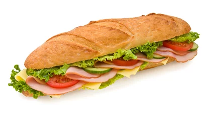 Abwaschbare Fototapete Snack Footlong ham & swiss submarine sandwich isolated on white