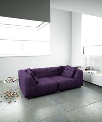 purple sofa in minimalist interior