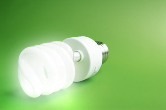 Compact fluorescent light bulb on green (green energy)