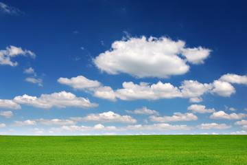 Romantic spring countryside - green field and blue sky/clouds