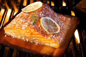 Grilled salmon on cedar board