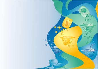 Abstract background with ice cubes and fruits.