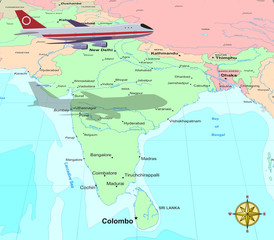 Travel conceptual illustration: a plane flying over India map
