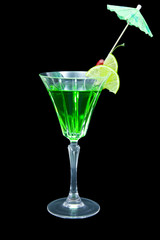 Lime and vodka cocktail isolated on black background