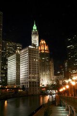 Fototapeta na wymiar Chicago River at Night, Vertical View
