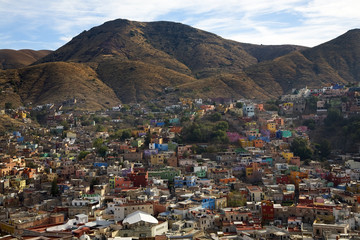 Many Colored Houses Guanajuato Mexico Hill Blue Sky
