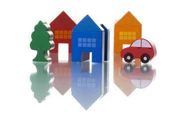Houses, car and tree