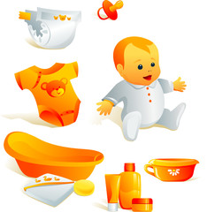 Icon set - baby hygiene. Bath, bodysuit, nappy, cosmetics