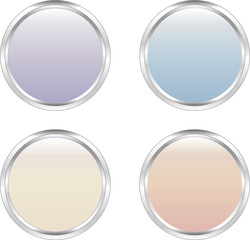 Vier farbige Buttons (Pastelltöne) mit silbernem Rand 