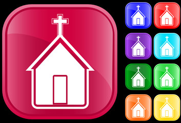 Icon of church on shiny square buttons