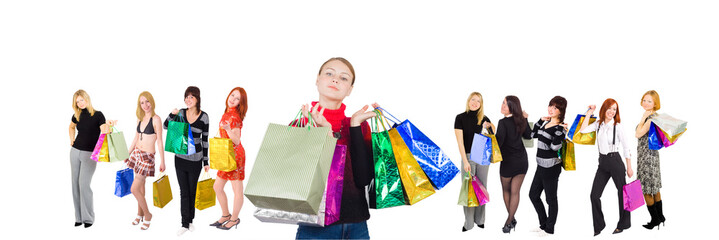 Obraz premium Group of ten shopping girls 
