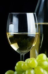 Glass of white wine on black background