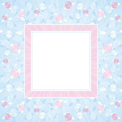 pink and purple roses on blue square background