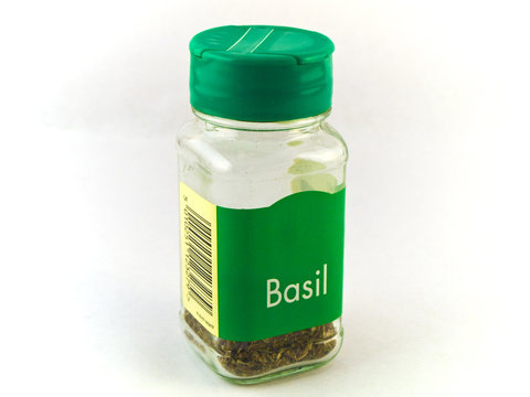 Jar of Basil Herbs on White Background