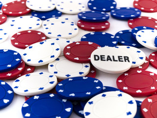 Red White and Blue Poker Chips and Dealer on White Background