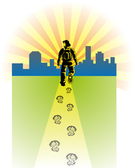 Un uomo cammina lungo un sentiero che conduce alla città