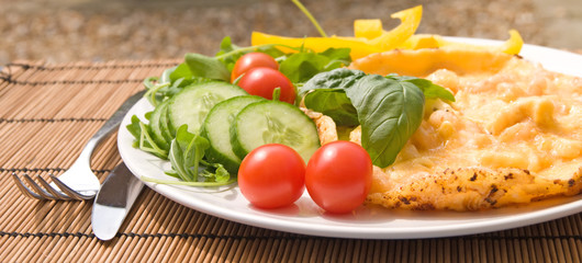 simple prawn omlette lunch set outside