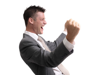 young, handsome businessman showing  excitement