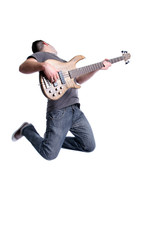 young bass player jumping