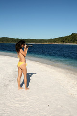 Photographer Girl in Bikini - Tropical Beach - Fraser Island,