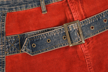 Corduroy clothing with denim belt