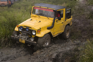 A yellow jeep splattered and caked with mud