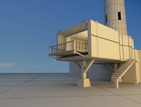 House suspended on the sea - Wire model