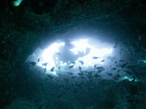 Man In Underwater Cave