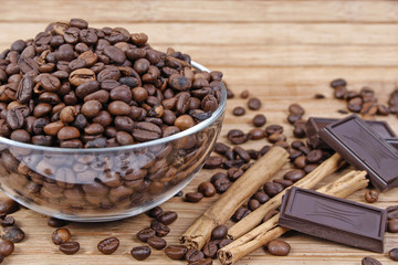 coffee beans,cinnamon sticks and chocolate