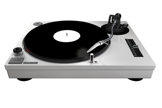 A 3d rendered technics-style turntable, silver body