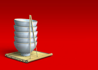 Stack of Rice Bowls on a Bamboo Mat