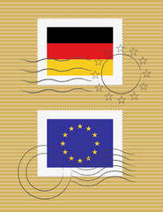 German and European Union flags on a stamp with postmarks