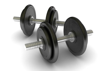 two metal dumbbells isolated on white