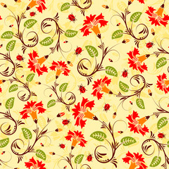 Flower seamless pattern with ladybug, vector illustration
