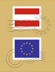 Flag of Austria and European Union on a stamp