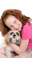 girl and dog over white