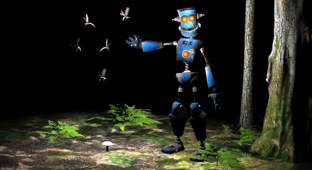robot joue avec des mouches en forêt