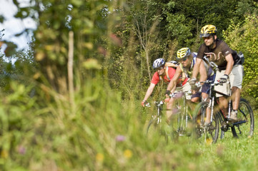 Naklejka premium drei Mountainbiker rollen gemeinsam abwärts