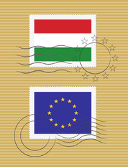 Stamps with flag of Hungary and EU