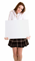 Young Woman Holding a Blank White Sign