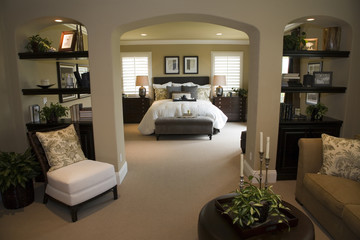 Luxury home bedroom with stylish furniture and decor.