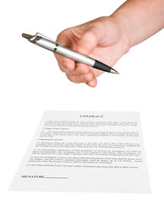 Hand giving pen and contract