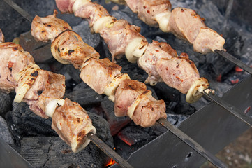 Crude shish kebab on skewers on a mangal
