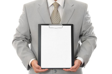 Businessman, holding paper sheet with empty space