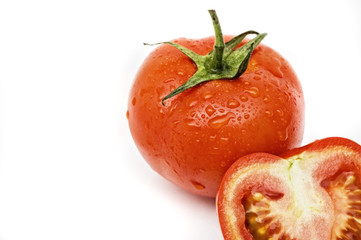 Fresh and juicy tomatoes on white background.